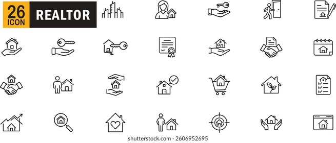 Realtor editable outline icon set. Real-estate, property, home-buying, house-rental, realty and more.