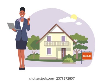 The realtor found the right house. Concept illustration. Vector flat illustration.