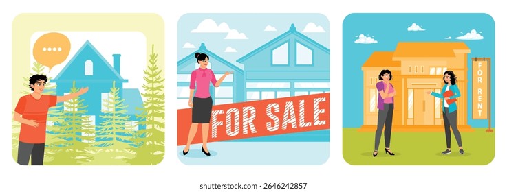 Realtor gesturing towards a blue house. A real estate agent presenting a house for sale. A  property for rent to an interested client. Real estate broker concept. 