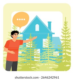 Realtor gesturing towards a blue house in a woodland setting surrounded by pine trees. Real estate broker concept.