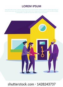 Realtor Gives Key Family Background House. Credit Project. Buying House. Vector Illustration. White Background and Logo. Key in Hand. Conclude Agreement. Favorable Conditions for Lending.