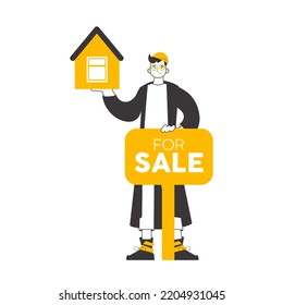 Realtor guy. Linear trendy style. Isolated. Vector illustration.