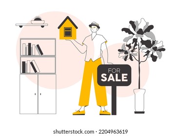 Realtor guy. Linear trendy style. Vector illustration.