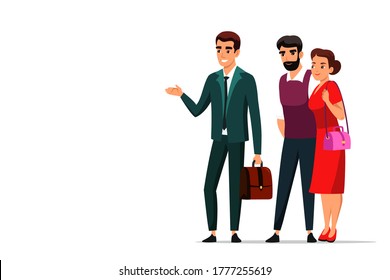 Realtor and happy young married couple isolated on white background. Broker with briefcase talking to man husband and woman wife. People character communication, negotiating, making deal vector