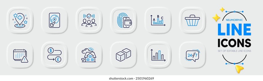 Realtor, Hdd and Hospital line icons for web app. Pack of Notification, 24h service, Squad pictogram icons. Dice, Diagram graph, Shop cart signs. Survey results, Money transfer, Wallet. Vector