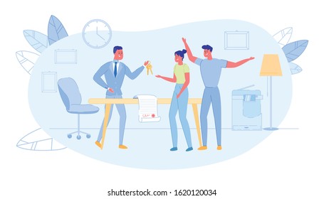 Realtor Holding Bunch Keys and Passing in Hand Joyful Young Family Couple. Deal of Property for Sale. Woman and Man Happy to Deal of Real Estate. Sale Manager with Buyer. Vector Illustration