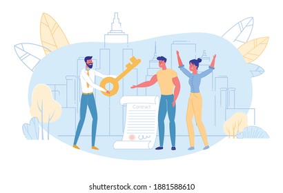 Realtor Holding and Handing Key to Joyful Young Family Couple. Deal of Property for Sale. Sale Manager Giving Contract about Buying Real Estate to Man and Woman. Modern Flat Vector Illustration