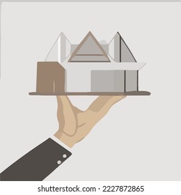 Realtor holding model of house. Estate agent. Icon Illustration Vector Cartoon Drawing.
