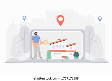 Realtor holds the key to the house, on the background of the laptop screen. Real estate catalog on the site, online. Vector illustration in a flat style.