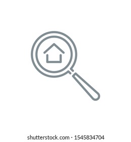 realtor house with magnifier glass outline flat icon. Property For Sale Single quality outline logo search symbol for web design mobile app. Thin line design logo. Loupe lens icon isolated on white