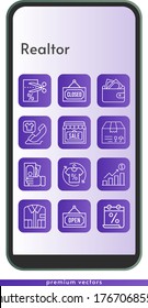 realtor icon set. included calendar, profits, wallet, shop, package, shirt, money, voucher, closed, phone call, open icons on phone design background . linear styles.