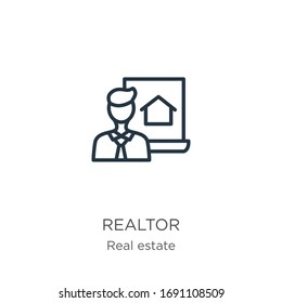 Realtor icon. Thin linear realtor outline icon isolated on white background from real estate collection. Line vector sign, symbol for web and mobile