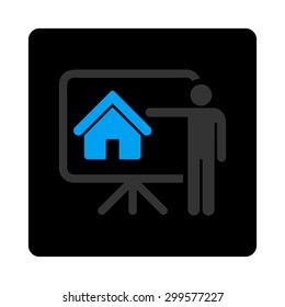 Realtor icon. Vector style is bicolor flat symbol, gray and light blue colors, black rounded square button, white background.