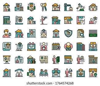 Realtor icons set. Outline set of realtor vector icons thin line color flat isolated on white