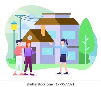 Realtor Illustration, Real Estate Agent showing House to a Husband and Wife. This illustration can be use for website, landing page, web, app, and banner.