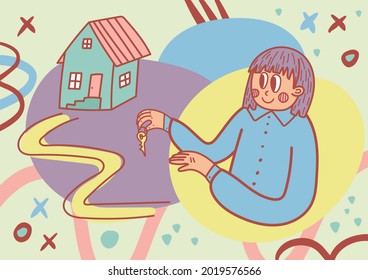 The realtor with the keys in his hands points to the house