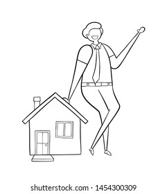 Realtor leaning on house, hand-drawn vector illustration. Balck outlines and white.