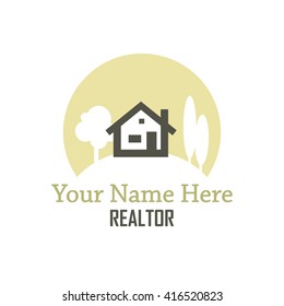 Realtor logo concept of a house sitting on a hill with trees reversed out of a circular, sun shape. Below it are places to put your name and business designation