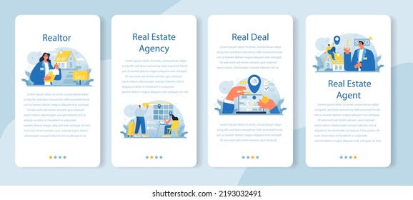 Realtor mobile application banner set. Real estate agent' assistance in house selection and mortgage contract. Estate market analysis and housing. Flat vector illustration