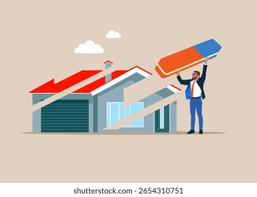 Realtor or owner removed home with eraser. Purchase and pick real estate home. Flat vector illustration