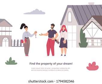 Realtor passing keys to new house to a couple. Web banner / landing page template. Vector flat illustration