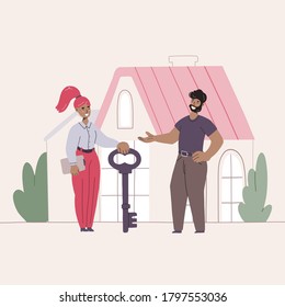 Realtor passing keys to new house to a man. Web banner template. Vector flat illustration