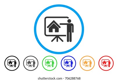 Realtor Presentation Board vector rounded icon. Image style is a flat gray icon symbol inside a blue circle. Bonus color versions are gray, black, blue, green, red, orange.