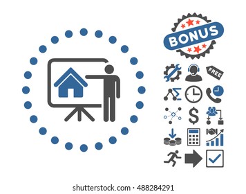 Realtor Presentation icon with bonus pictures. Vector illustration style is flat iconic bicolor symbols, cobalt and gray colors, white background.
