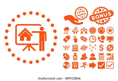 Realtor Presentation pictograph with bonus elements. Vector illustration style is flat iconic symbols, orange color, white background.