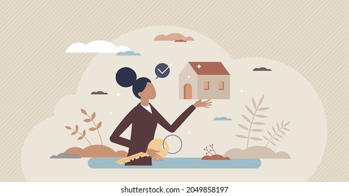 Realtor as real estate agent occupation with house offer tiny person concept. Professional female with residential residence key vector illustration. Property consultant and broker agency for new home