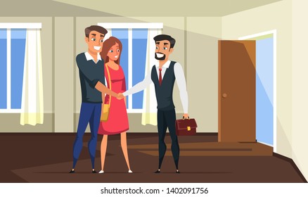 Realtor selling building to family vector illustration. Businessman, young married couple cartoon characters. Real estate purchase flat drawing. Wife, husband buy house. Own property, apartment deal