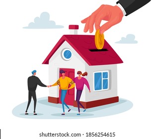 Realtor Selling House to Couple Buying Home. Manager Male Character Make Deal with Owner of House Giving Key for New Living Place, Mortgage and Home Buying Concept. Cartoon People Vector Illustration