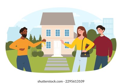 Realtor selling property concept. Happy young family buys house or apartment. Mortage, debt and rent. Man and woman receive keys to part property from sales agent