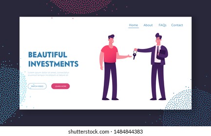 Realtor Selling or Renting House Website Landing Page. Young Man Buying Home Manager Make Deal with Owner of House Giving him Key for New Living Place Web Page Banner. Cartoon Flat Vector Illustration
