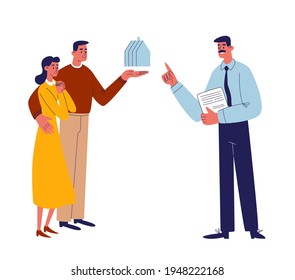 A realtor sells a house to a young couple. A young family wants to buy their own home. Rent, sale of housing. Vector illustration of cartoon people isolated on white background.
