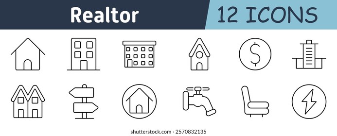 Realtor set icon. House, apartment building, residential block, cottage, property cost, skyscraper, duplex, signpost, home icon, water tap, armchair, electricity