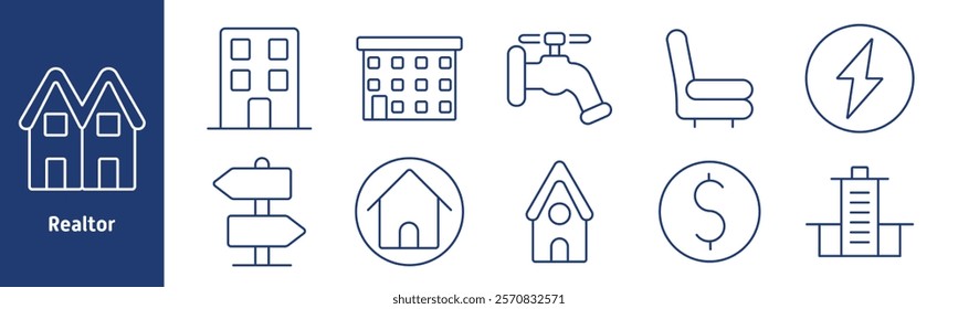 Realtor set icon. House, apartment building, residential block, cottage, property cost, skyscraper, duplex, signpost, home icon, water tap, armchair, electricity