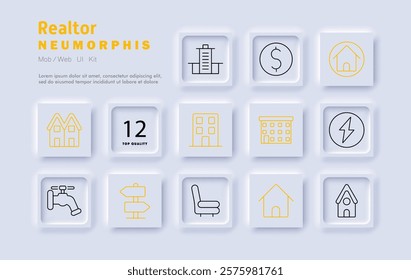 Realtor set icon. House, apartment, property value, residential buildings, electricity, plumbing, location, investment, interior, commercial real estate