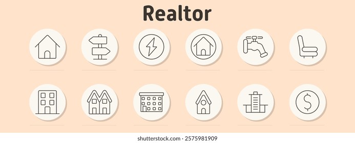 Realtor set icon. House, directional signs, electricity symbol, home icon, water tap, chair, building, duplex, apartment, suburban house, skyscraper, dollar symbol