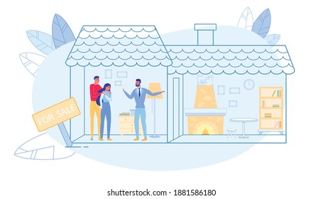Realtor Showing Cozy Interior of House with Fireplace and Furniture in Room to New Ownership. Woman and Man Family Together View Real Estate. Agent with Buyer. Modern Flat Vector Illustration