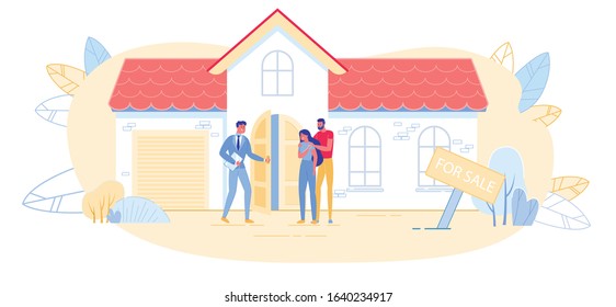 Realtor Showing New Home and Opening Door to Invite Young Married Couple Standing Outdoors near Facade. Property for Sale. Woman and Man Together Buying Real Estate Modern Flat Vector Illustration