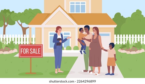 Realtor showing two story home to large family flat color vector illustration. Hero image. Editable 2D simple cartoon characters with building exterior on background. Bebas Neue Regular font used