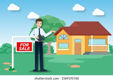 The realtor shows and presenting the new beautiful modern house for sale to client. Vector illustration in flat design.