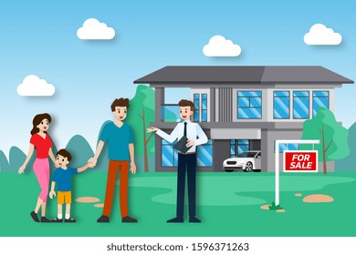 The realtor shows and presenting the new beautiful modern house, Real Estate for sale to client with family. Vector illustration in flat design.