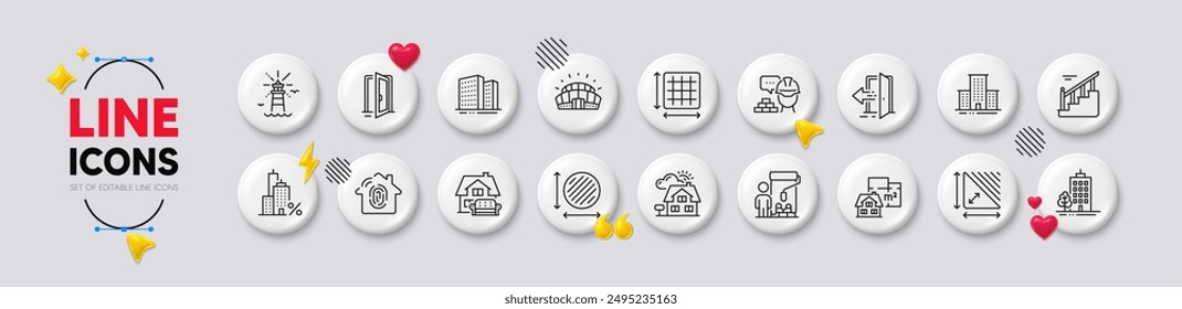 Realtor, Skyscraper buildings and Painter line icons. White buttons 3d icons. Pack of Open door, Sports stadium, Lighthouse icon. Circle area, University campus, Buildings pictogram. Vector