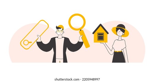 Realtor team. The concept of searching, buying and selling real estate. Minimalistic linear style. Vector.