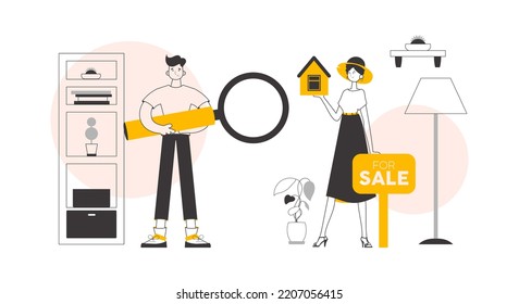 Realtor team. The concept of searching, buying and selling real estate. Linear trendy style. Vector.