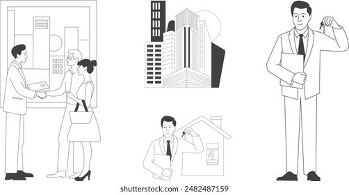 Realtor, tenants, real estate transaction, modern building, residential complex, skyscrapers, apartment rental, handing over keys, buying a property. Set of black and white linear illustrations