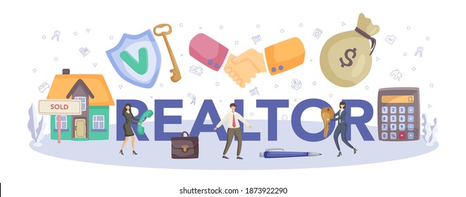 Realtor typographic header. Realtor assistance and help in mortgage contract. Real estate promotion, market analysis. Vector illustration