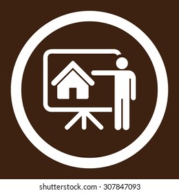 Realtor vector icon. This rounded flat symbol is drawn with white color on a brown background.